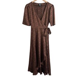 Bobeau Rust Brown Leopard Print Midi Wrap Dress Size Medium